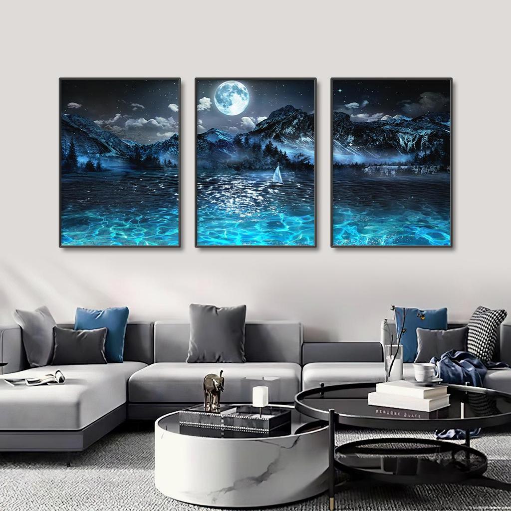 Sailboat on The Lake Deep Night Still Life Canvas Prints Moon Light Natural Landscape Poster Home Wall Art Living Room Decor