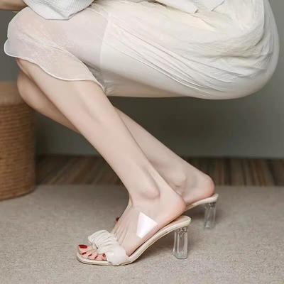 Transparent Crystal French High-heeled Cool Slippers 2025 Summer New Women's Shoes Wear Versatile High Heels Low Heels