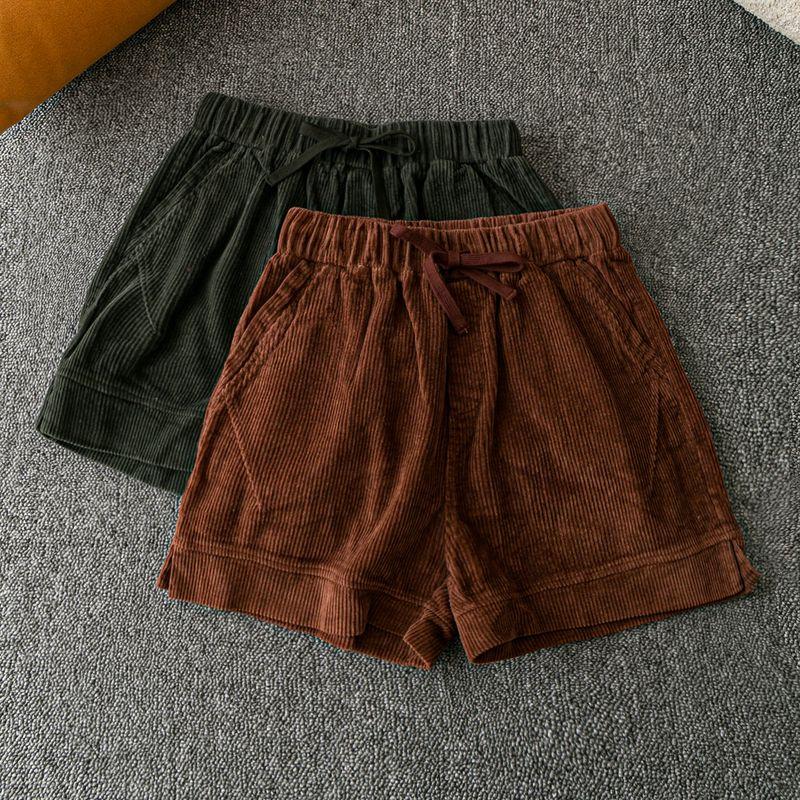 

Весна и Осень Экспортный K-стиль Новые Прямые Приталенные Темпераментные Дикие Эластичный Пояс На шнуровке Вельветовые Шорты Coffee M