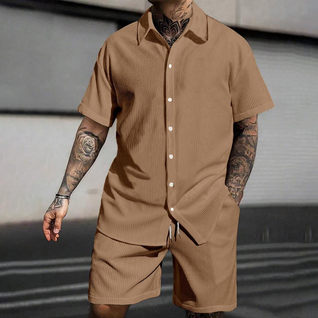Men's Summer Solid Color Stripe Casual Fashion Loose Short-Sleeved Shorts Shirt Suit