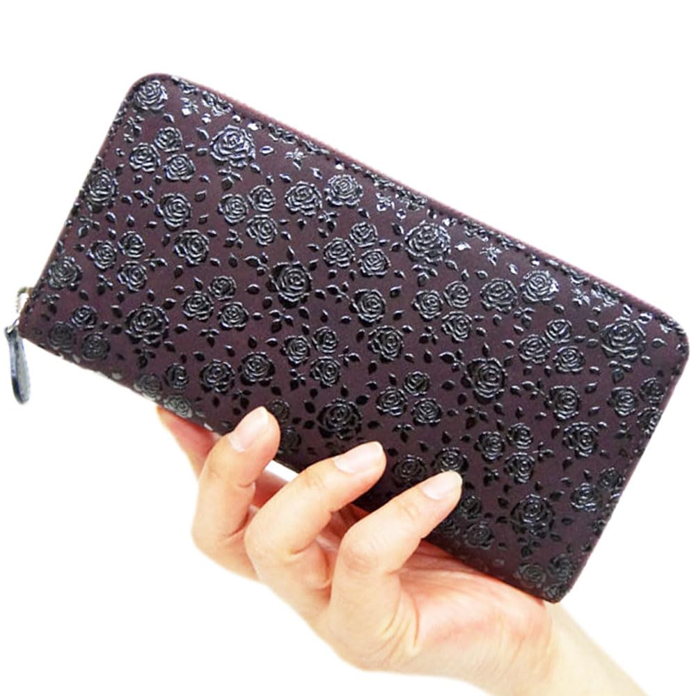 [Inden-ya] Inden 2317 Purse F, Purple Deerskin with Black Lacquer, Rose Petite Pattern, 10cm X 19cm X 2cm, Round Zipper Long Wallet