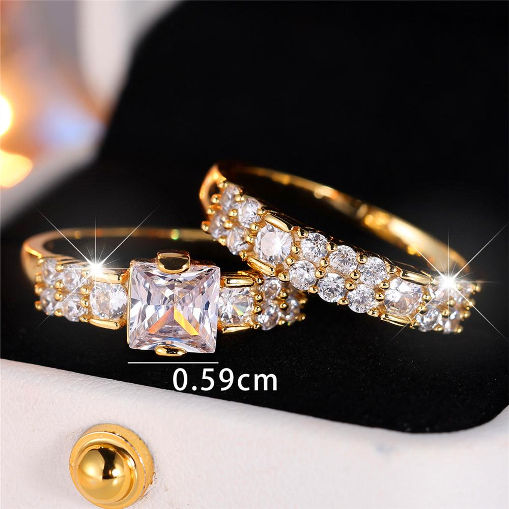 2pcs Female Gold Color White Zircon Stone Square Ring Set Vintage Gold Color Bridal Wedding Bands Party For Women