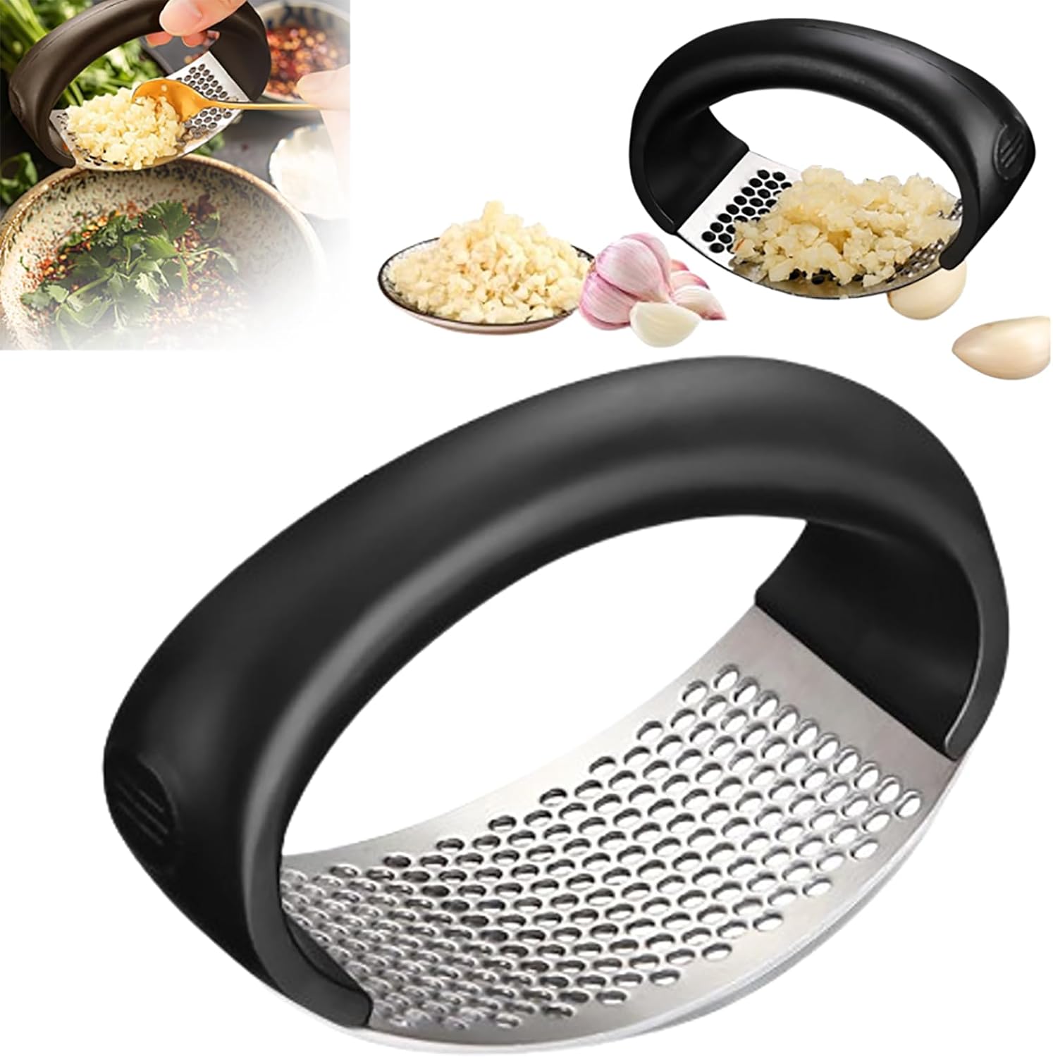 

Garlic Crusher,Stainless Steel Garlic Presser Garlic Press Rocker Mincer Garlic Crusher with Peeler Wide Handle Innovative Garlic Chopper Mincer 1 Pack чорний