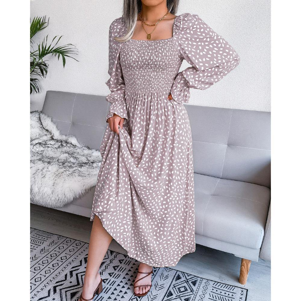 Spring Summer Square Neck Long Sleeve Holiday Cotton Dress Pleated Long Women's Dresses