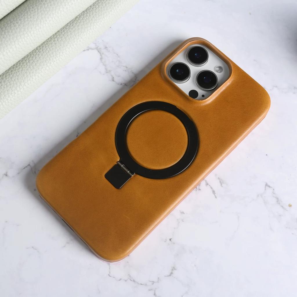 Genuine Leather Waxed Texture Case for iPhone 17 Pro Max 16 Pro Premium Business Slim Leather Magnetic Kickstand Shockproof Cover