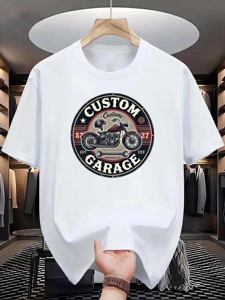 Men's Summer 100 Pure Cotton Fashionable Casual Loose Creative Retro Motorcycle Printed Round Neck Short Sleeved T-shirt Top