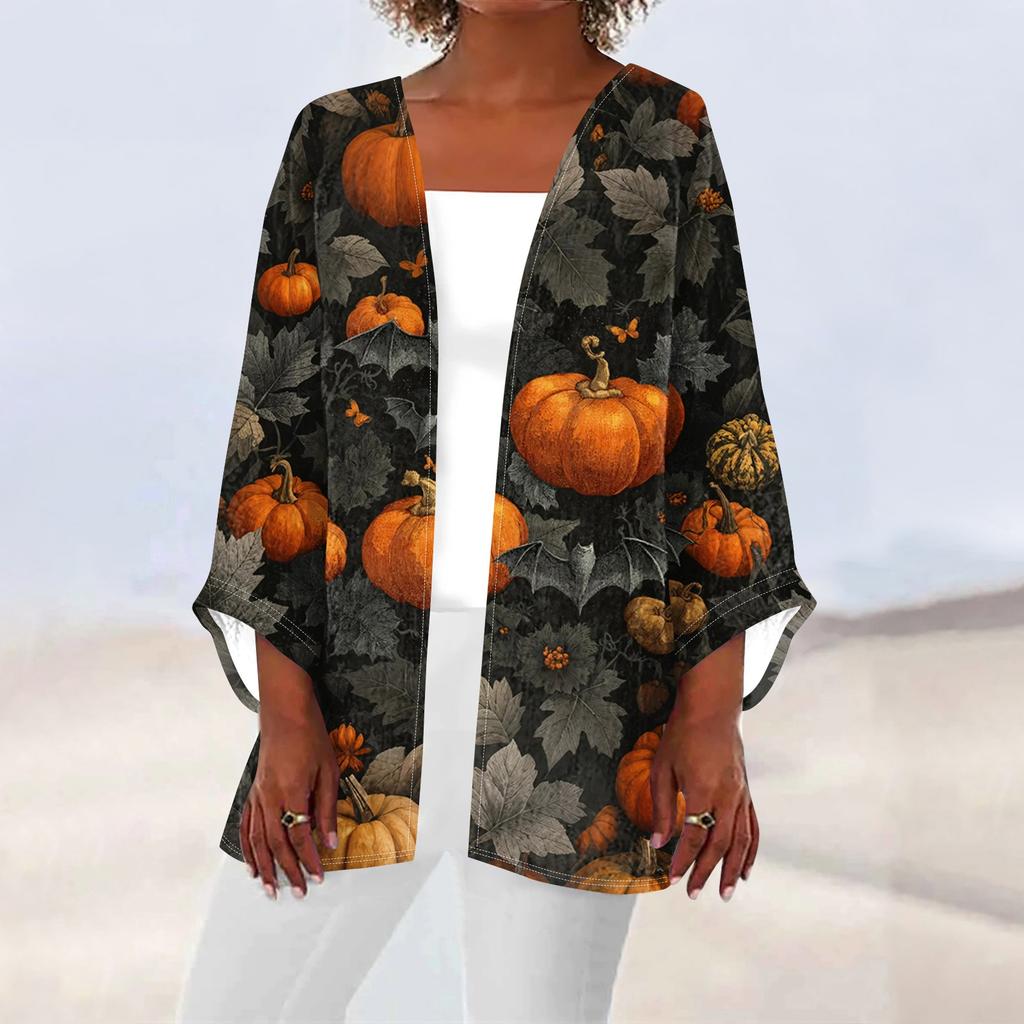 Women's Casual And Fashionable Halloween Printed Lightweight Mid Length Jacket Cardigan