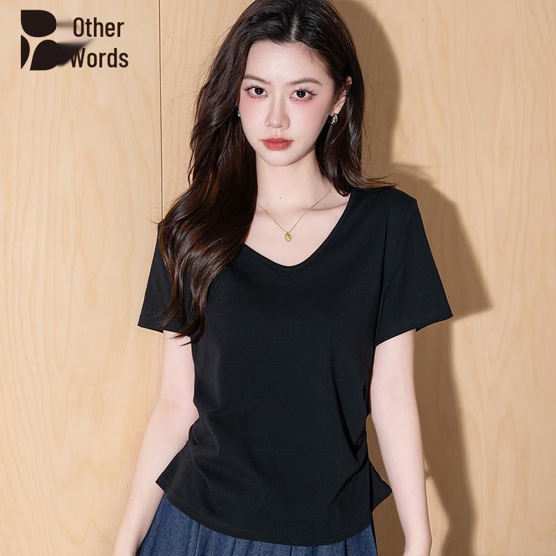 Bieyu Women s Summer V-Neck Pleated T-Shirt S