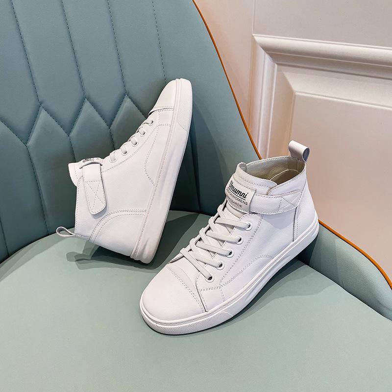 Genuine Leather High-Top White Women's Sneakers - 2025 Spring Collection