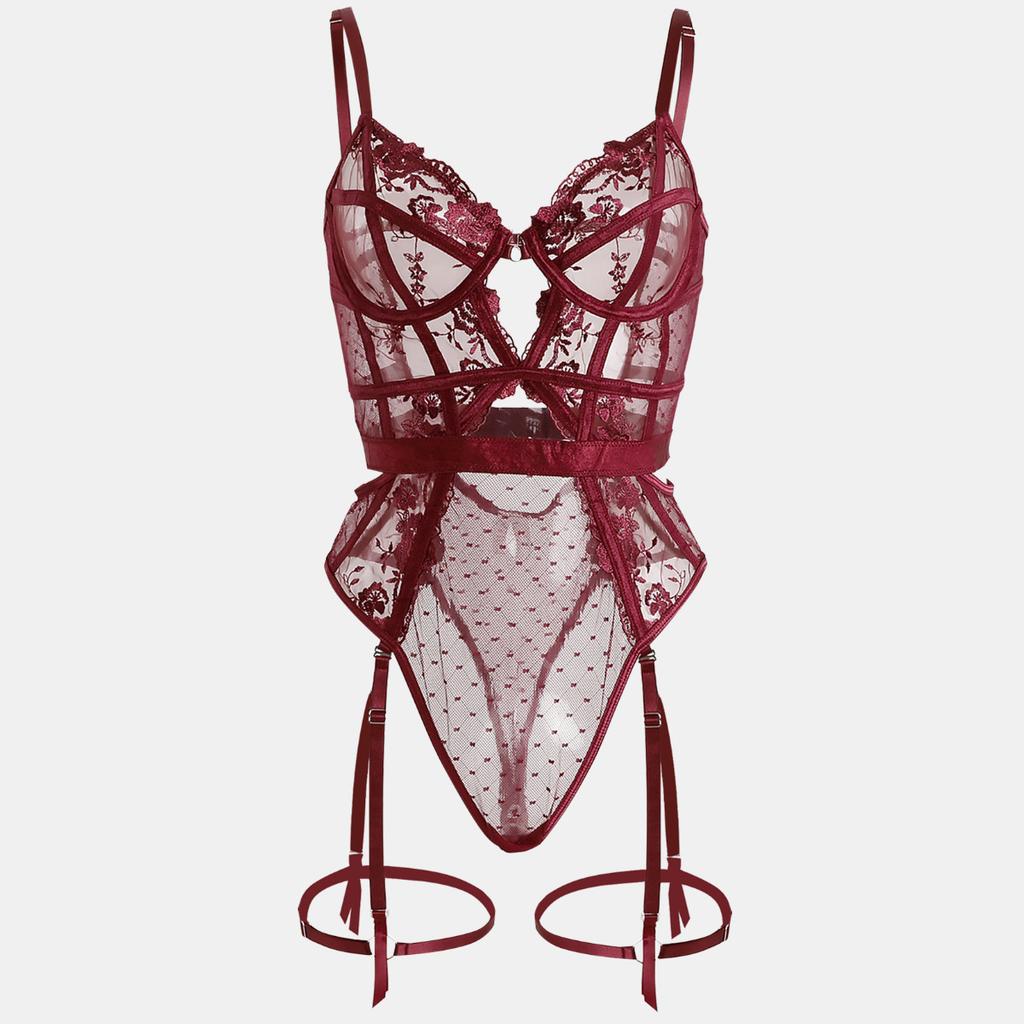 Toucheart Lace Sexy Skinny Babydoll Bodysuit Embroidery Erotic Private Adult Suit Solid Color Patchwork High Waisted Sexy Set