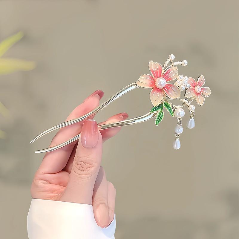 Antique Butterfly Flower Bamboo U-shaped Hairpin Super Fairy Retro Pearl Fringed Hairpin Hanfu Ancient Hairpin Accessories