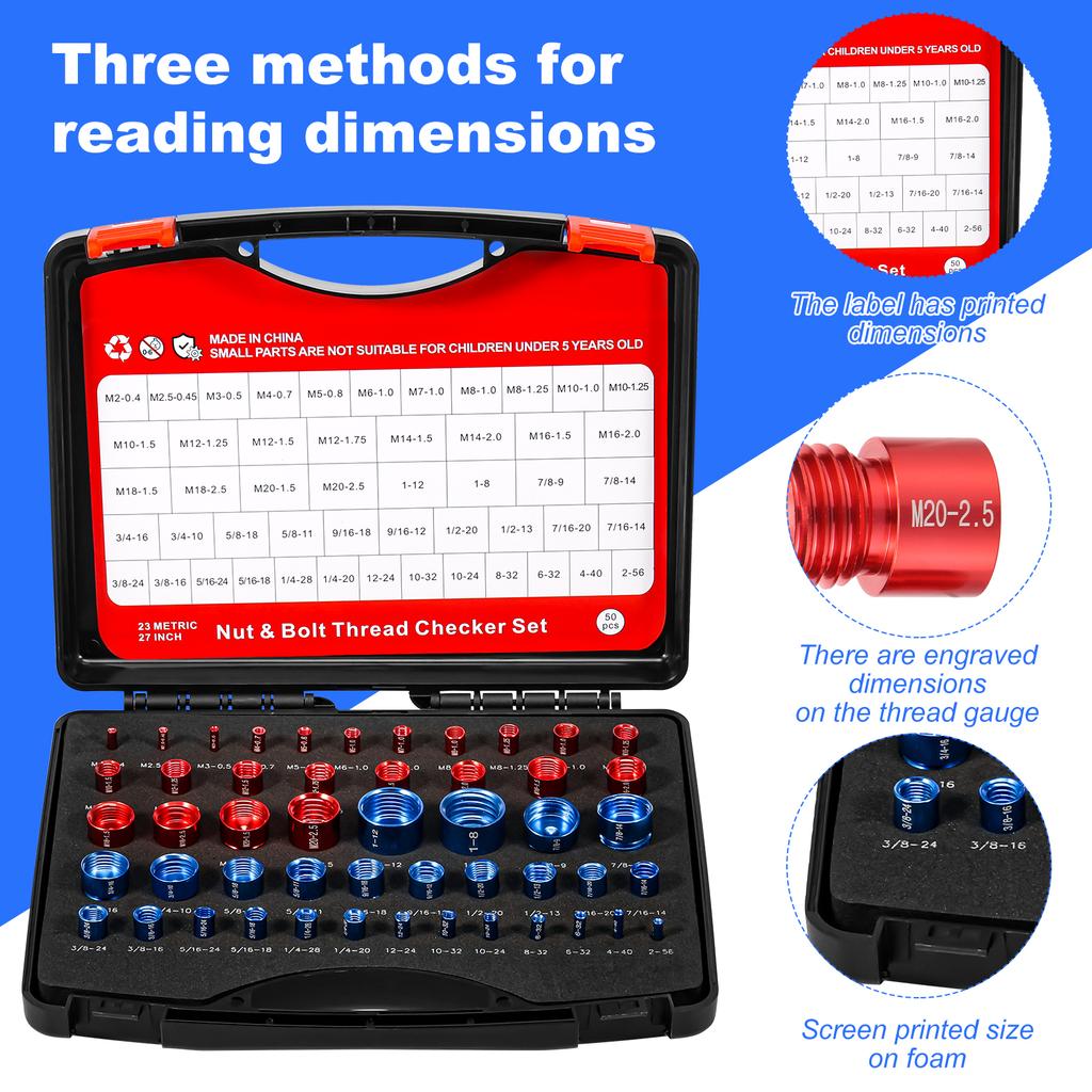 50 STÜCKE Mutter Bolzen Gewindeprüfer Grössenlehre Gewindelehre zum Erkennen von Befestigungsbolzen oder Gewindelöchern Metrisch Imperial Bolzen Mutter Lehre