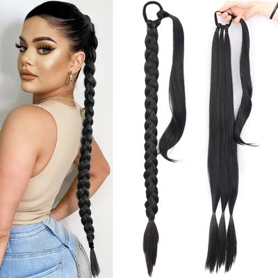 Synthetic Fiber Braided Ponytail Wrap Around Natural Hair Extensions with Rubber Band Black Blonde Brown Braids