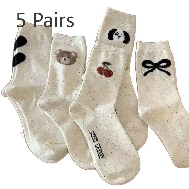 

5 пар милых женских носков до середины икры с бантом, флокированным горошком и мультяшными сердечками и мишками 5 pairs