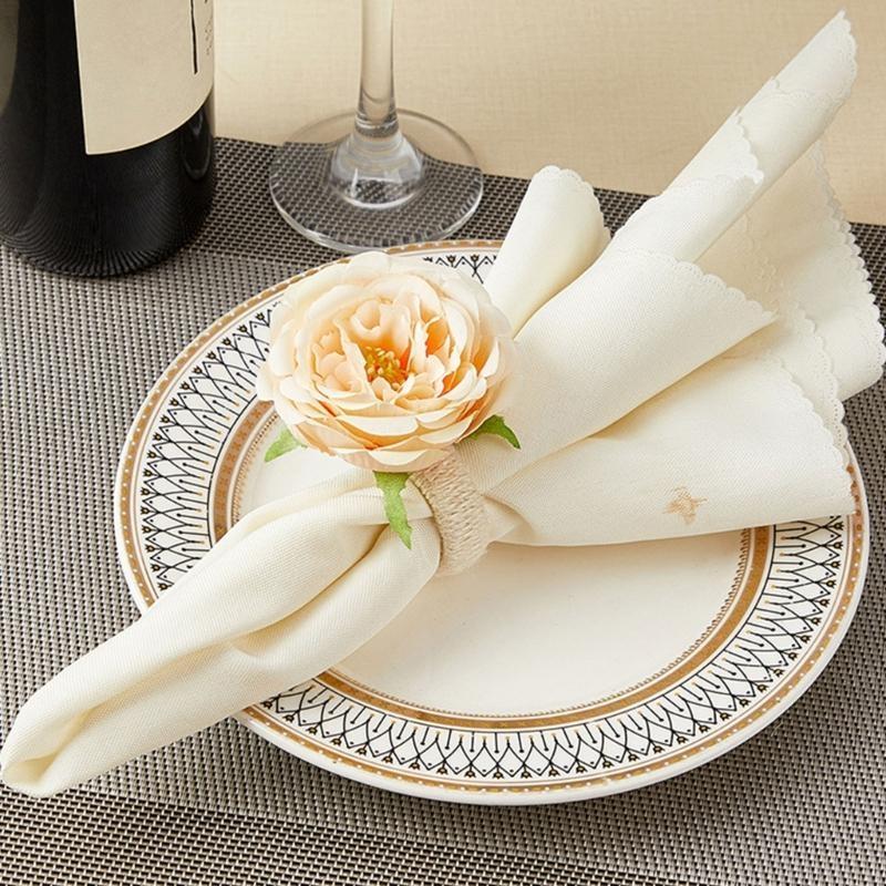 652F Set of 6 Artificial Flower Napkin Rings Elegant Tissue Holder for Dining and Parties Table Decorations for Weddings