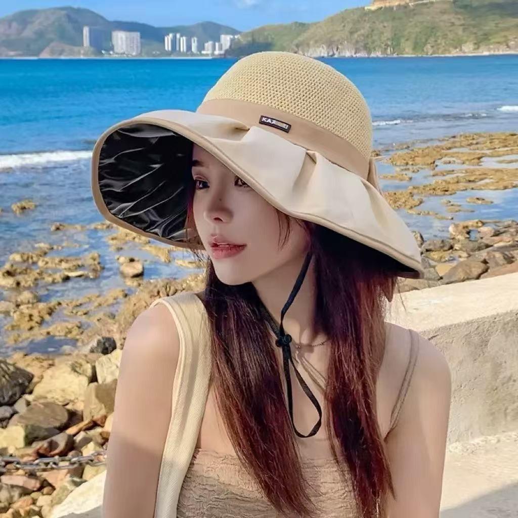 New summer versatile outdoor visor big brim bucket hat portable sunscreen sun hat bow women's hat