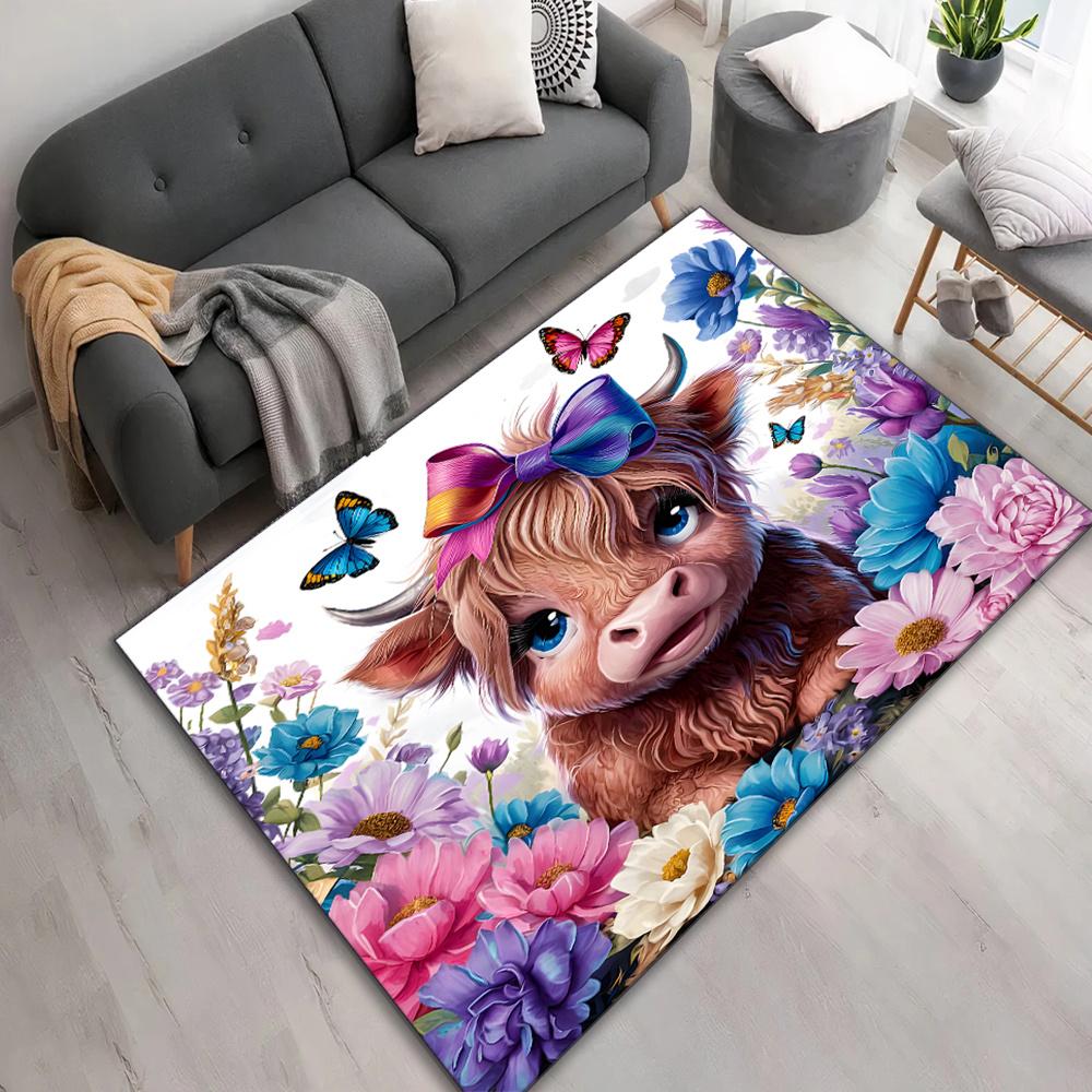 1pc Polyester  Cute Highland Cow and Butterfly Print Area Rug - Durable  Crystal Velvet Carpet for Living Room, Game