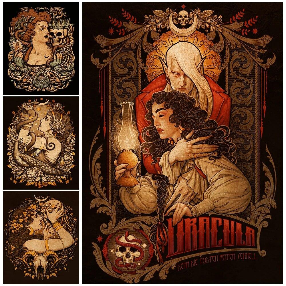 

Племенная ведьма и Дракула, вампир, винтажная настенная живопись на холсте, гадание, ведьма, пророк, художественный постер и принт, украшение для дома без рамки