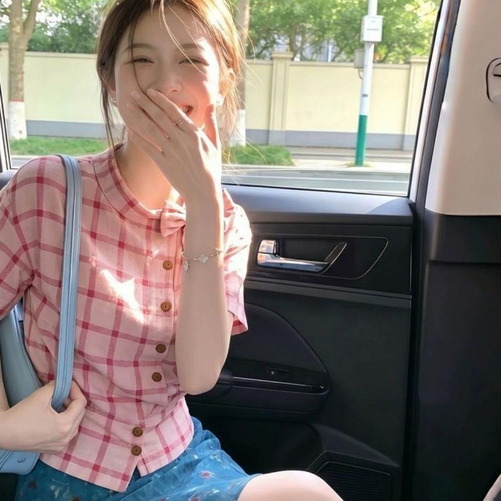 Summer new sweet style bow pink plaid short-sleeved shirt women's design sense slim and thin versatile top