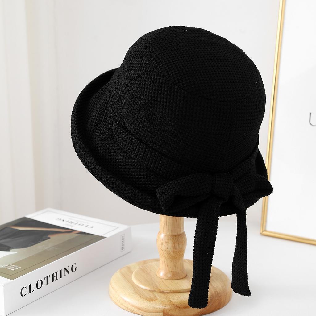 Bucket Hat Women Autumn Winter Vintage Breathable With Bowknot Knitted Fisherman Cap Female Sunscreen Bob