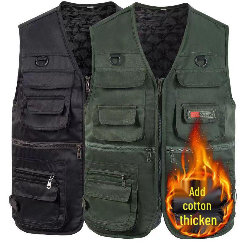Men's Spring/Autumn Cotton Multi-Pocket Vest - Outdoor, Casual, Sleeveless Jacket for Middle-Aged & Elderly. Perfect for Fishing & Daily Wear.
