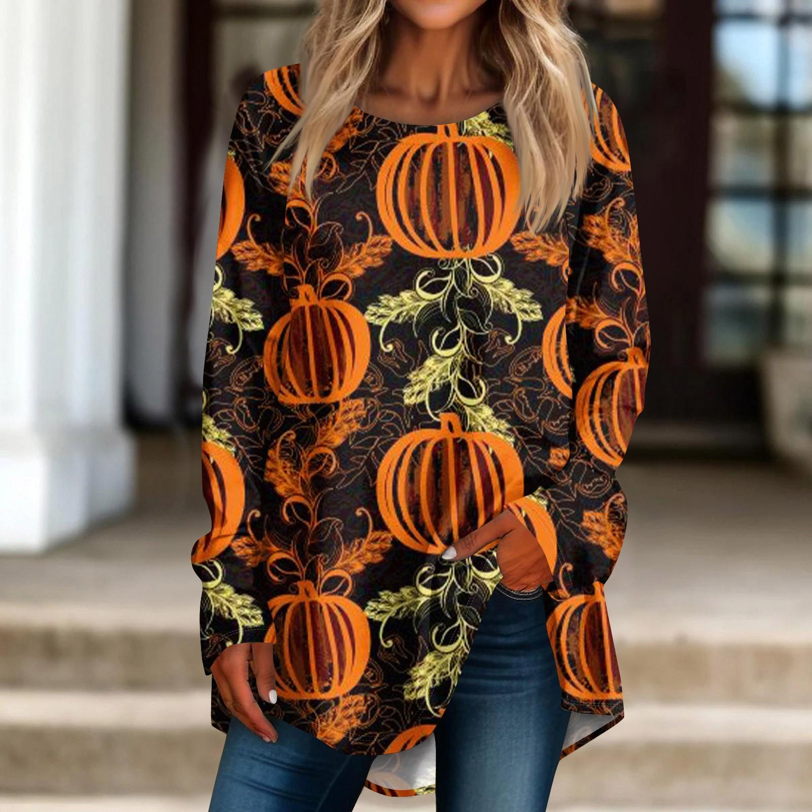 

Женская свободная футболка с круглым вырезом и принтом Хэллоуина, длинный рукав, топ, пуловер XL шафрановый