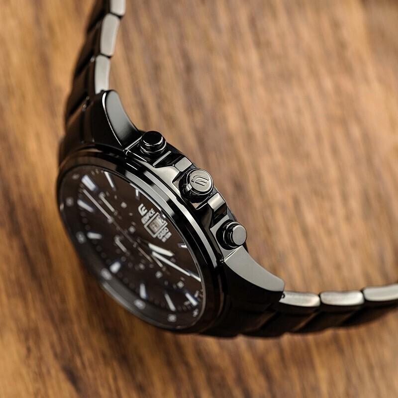 Casio EDIFICE Series Heart of Darkness All Black IP Coated Three Eyes Waterproof Casual Watch Quartz Movement Stainless Steel Strap EFB-509DC-1A