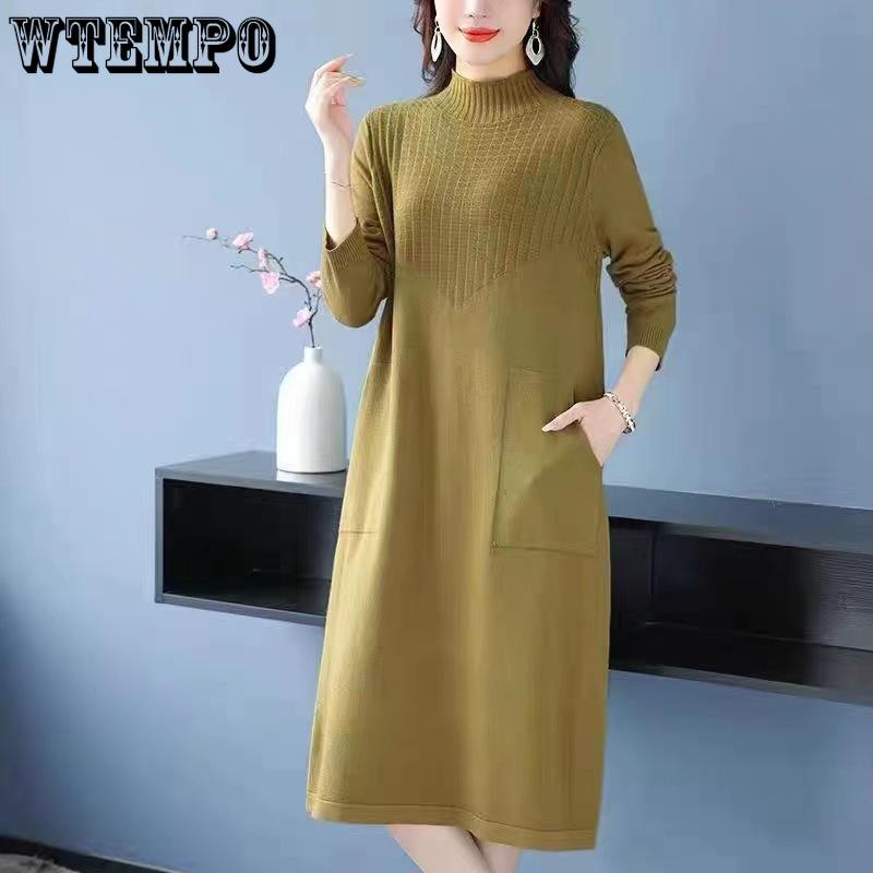 Herbst- und Winter Damenpulloverkleid Mittellang Locker Mittleren Alters Mutter Outfit Gestricktes Dickes Kleid
