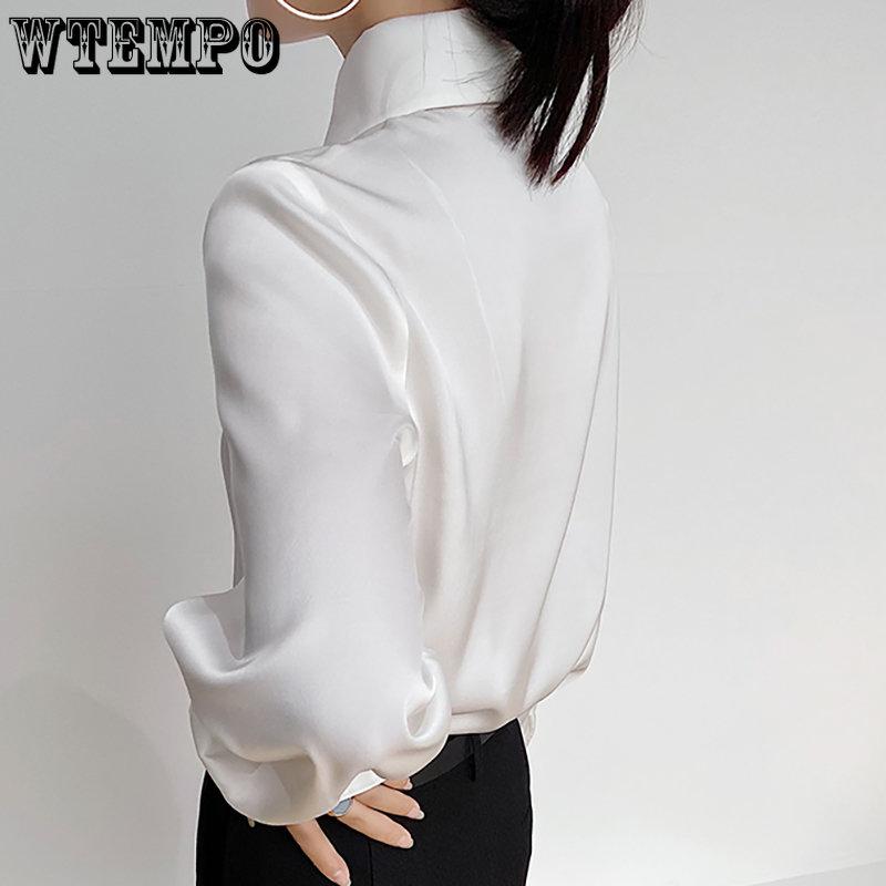 WTEMPO Elegante Umlegekragen Seidenhemden Damen Frühling Vintage Satin Blusen Damen Weiß Langarm Knöpfe Tops