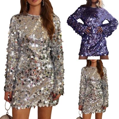 Women's Fashion Sequined Sexy Short Bell-Sleeve Long-Sleeved Dress
