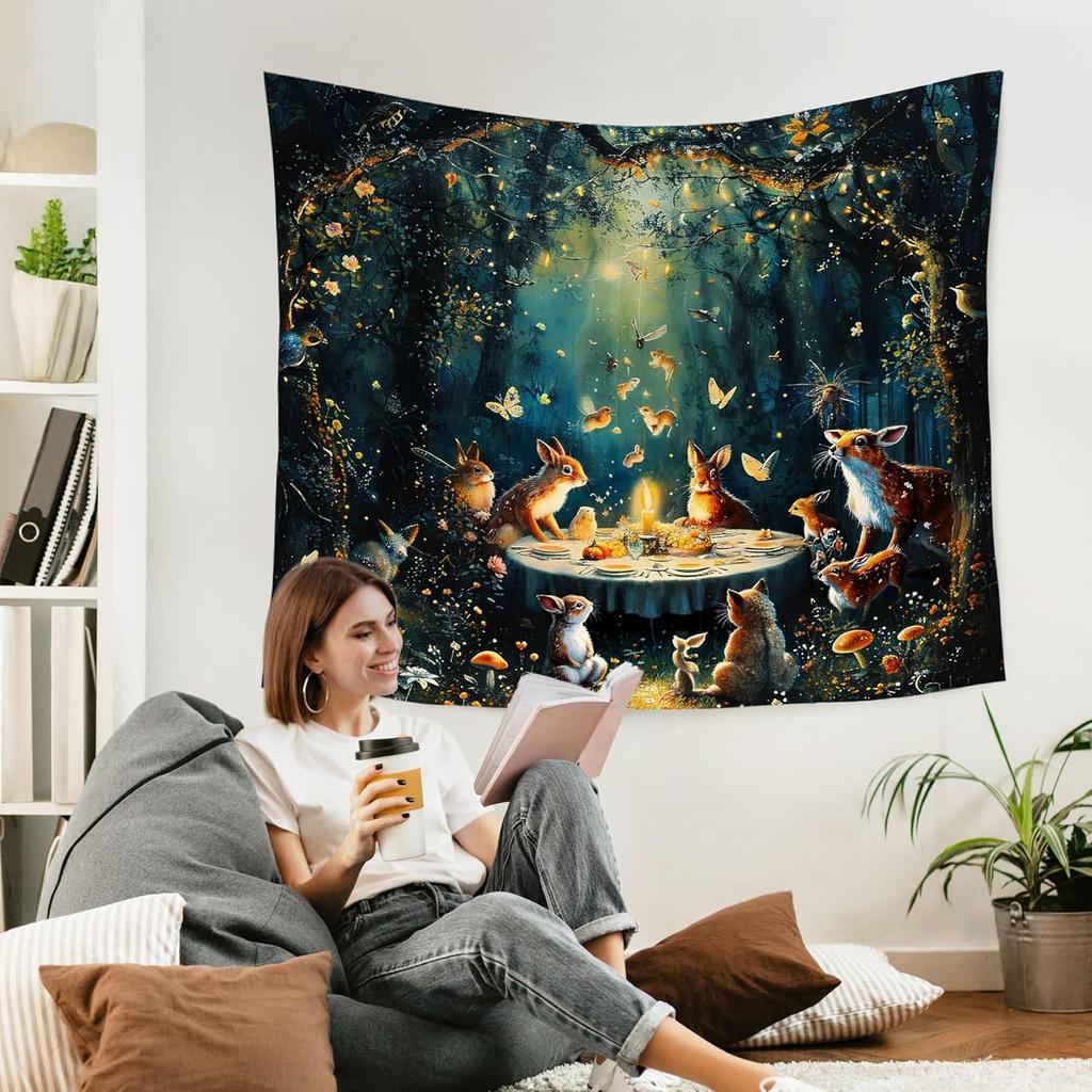 Enchanted Forest Tapestry, Fantasy Woods Tapestry Wall Hanging, Magical Wildflower Forest Animal Wall Blanket Decor For Home