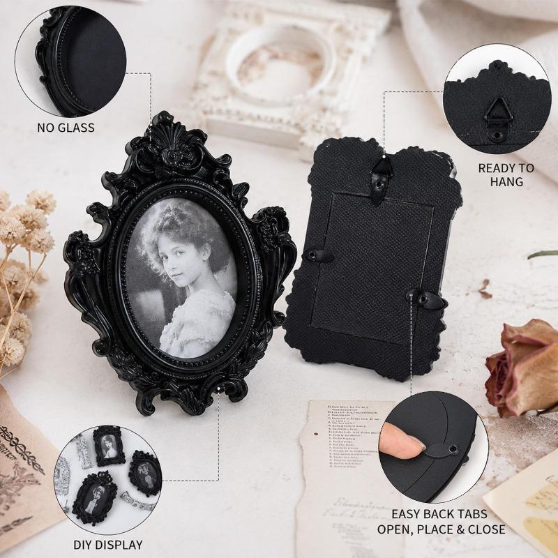 Mini Photo Frame Black Carved Resin Ornate Picture Frame Multi‑Shape Wall Mount Desktop Frame DIY Home Art Decoration Ornament