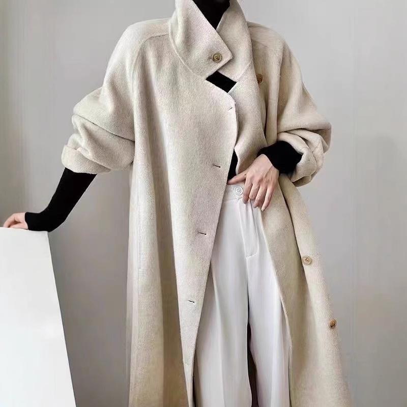 New Style Double-Faced Wool Coat with Stand Collar and Side Buttons - Autumn/Winter 2026 Collection
