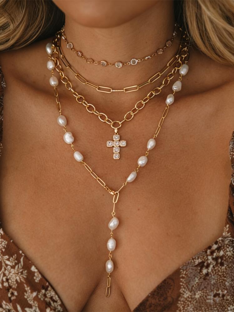 

4 Pcs Gold Color Crystal Cross Pearl Layered Necklace Set For Women Baroque Pearl Paperclip Chain Chokers Y-Necklace Jewelry New