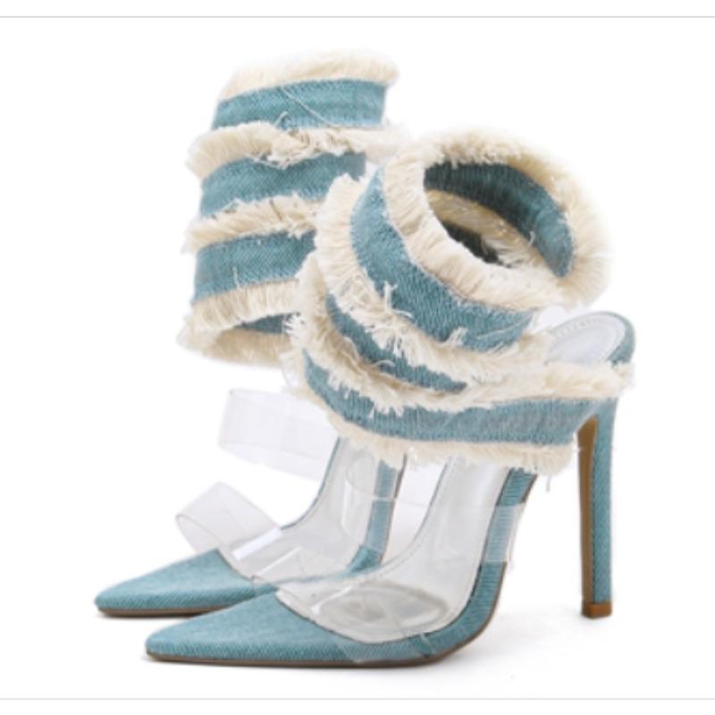 New Design Denim Ankle Snake Surround Strap Sandal Women Transparent Summer High Heels Party Stripper Shoes Pumps Zapatos Mujer