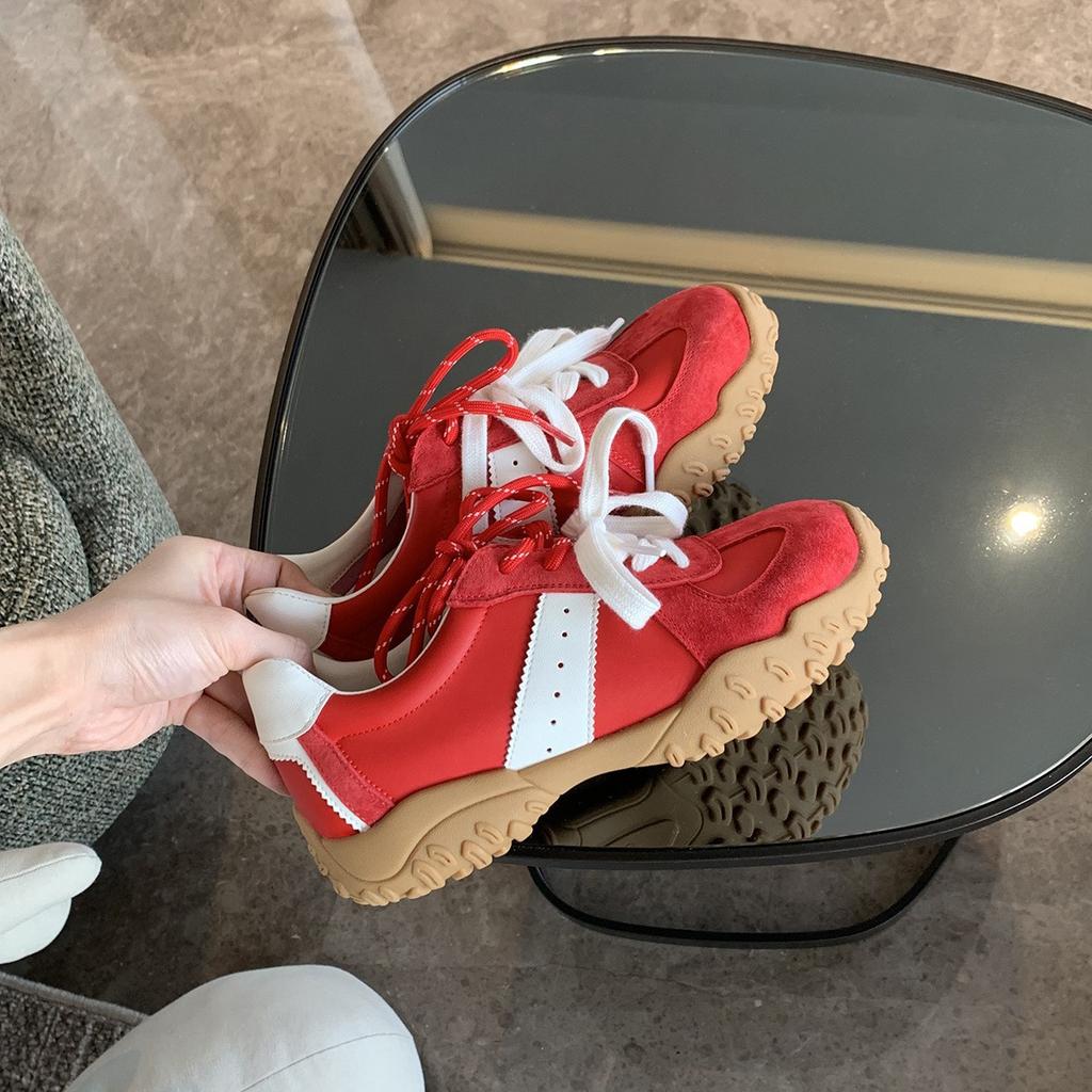 Cowhide version grape mother 7cm inner height increase casual sports shoes women's invisible pull-leg splicing round head lace-up German training shoe