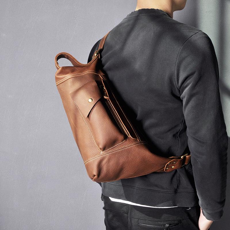 Männer Original Crazy Horse Leder Casual Mode Umhängetasche Brust Sling Bag Design Reise Eine Schulter Tasche Daypack