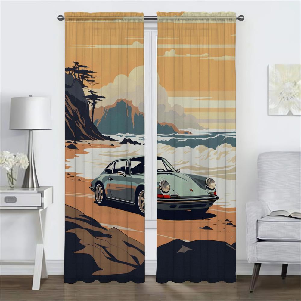 Kitchen Curtains for Living Room Car In the Sun Home Interior Curtains 2 Pieces Tulle for Bedroom Halloween Decoration Partition
