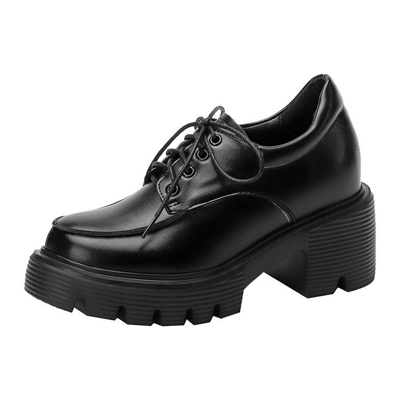10Lm schwarze britische kleine Lederschuhe Damen neue Frühling und Herbst Schnürschuhe runde Kappe dicke Sohle kleine Größe dicker Absatz Innenhöhe erhöht
