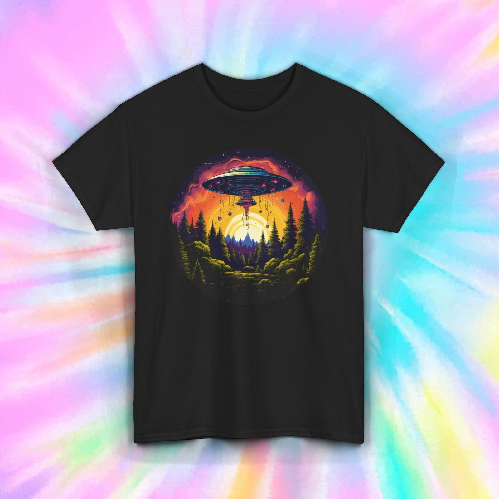 UFO Alien T-Shirt Mens Womens Tees Top | Surreal Forest Abduction Graphic Tee | S-5XL 4XL