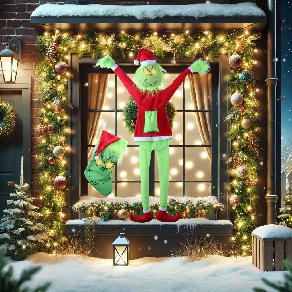 Grinch Santa Climbing Wall Christmas Ornament in Flannel