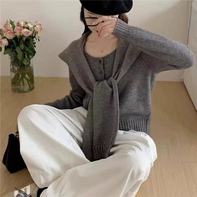 

Ранняя осень новая шаль с круглым вырезом вязаный кардиган комплект из двух предметов однотонный свободный универсальный свитер пуловер женщина One size темно-серого