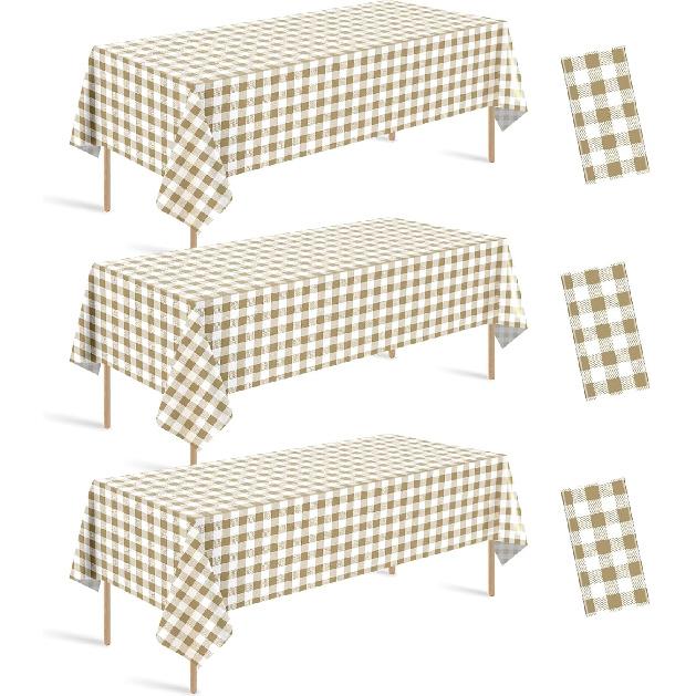 Hallswl 3pcs Khkai Gingham Tablecloth,Brown Beige Checkered Tablecloths Buffalo Plaid Disposable Plastic Table Covers for Birthday Baby Shower Bridal