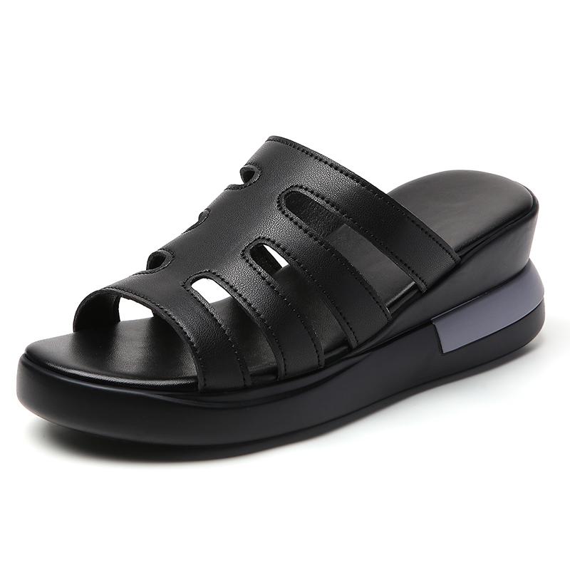 

Women Genuine Leather Wedge Heel Slide Sandals Lady Outdoor Office Roman Sandals Mother Casual Sandals Sandalias De Mujer S36-43 36 чёрный