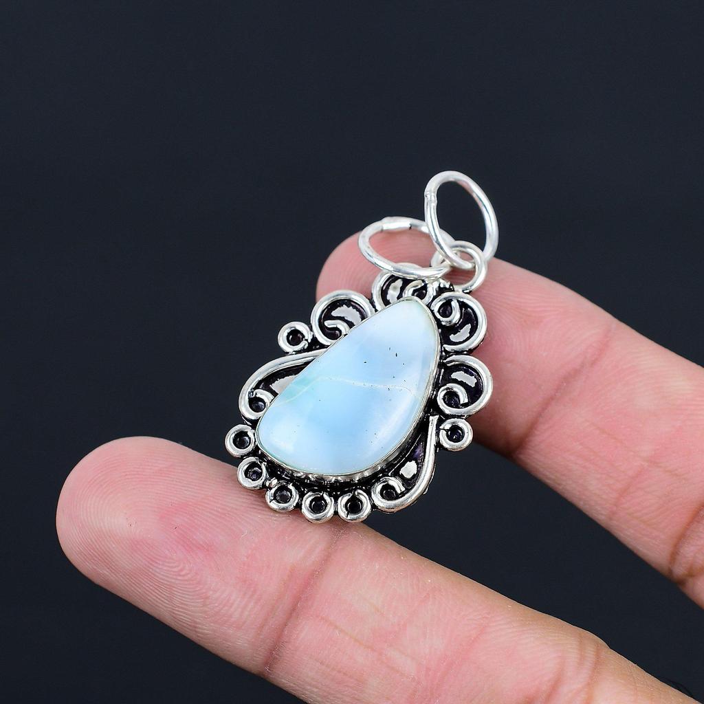 Naturlig Larimar Ädelstenshänge Handgjort 925 Sterlingsilver Indiska Smycken