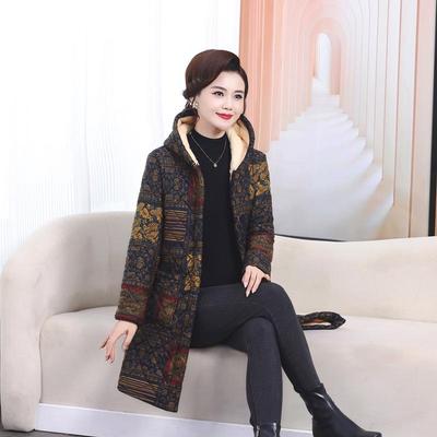 Mid-length Hooded Plus-Size Velvet Thickened Winter Coat for Middle-aged and Elderly Women