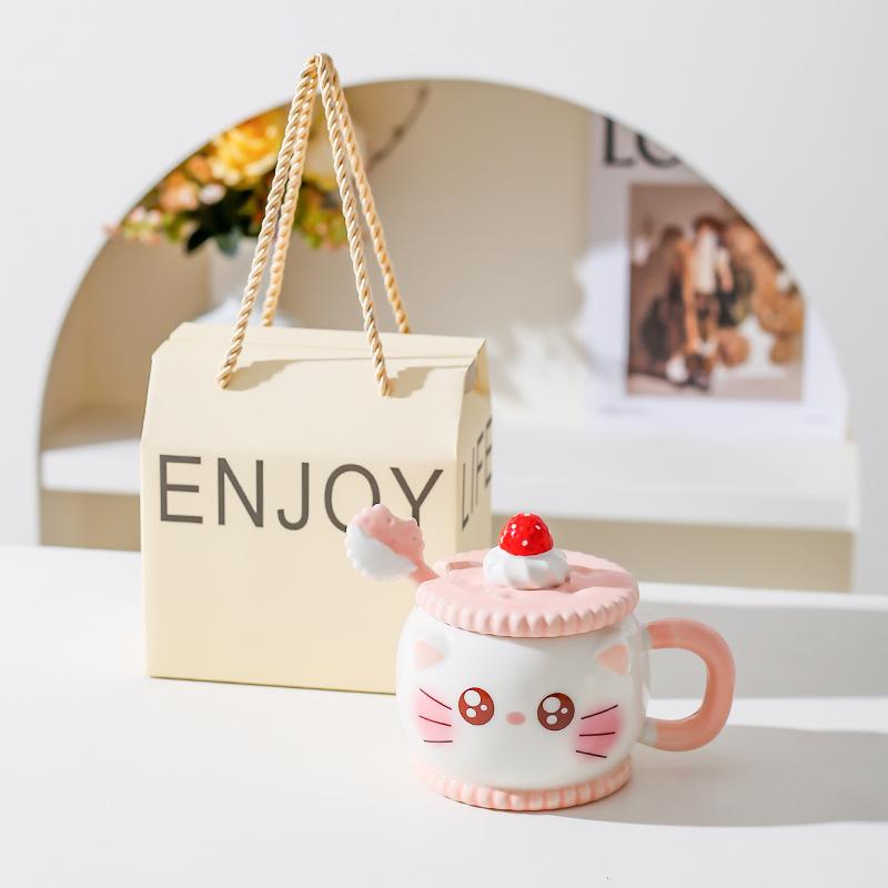 Creative Cute Cartoon Ceramic Mug Pink Girl Heart Gift Cup Water Cup with Lid Spoon Pig Cat Cup