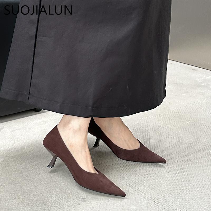 Fashion SUOJIALUN 2024 Autumn Pointed Toe Women Sexy Shallow Slip On Pumps Shoes Fashion Thin High Heel Ladies Elegant Dress Boat Shoes