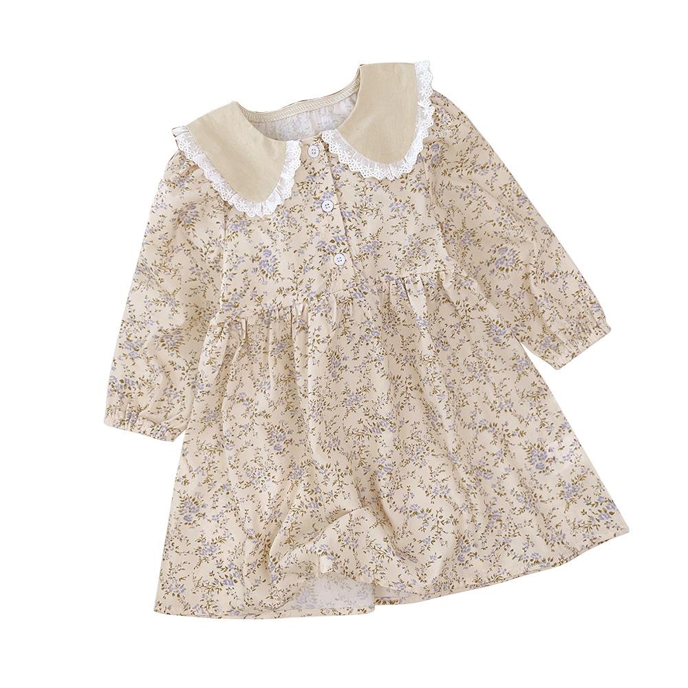Girls Floral Long Sleeve Dress Spring Autumn Ruffled Collar Princess Dress for Kids Cute Casual Party Wear