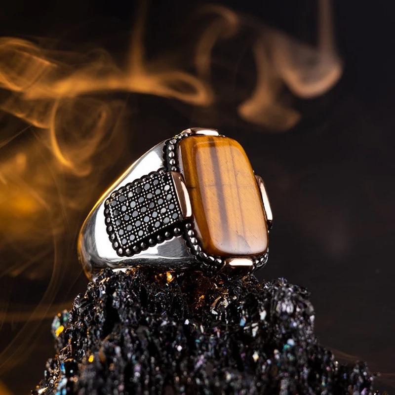 Vintage Tiger Eye Stone Two-tone Men's Fashion Jewelry Black Zircon Ring
